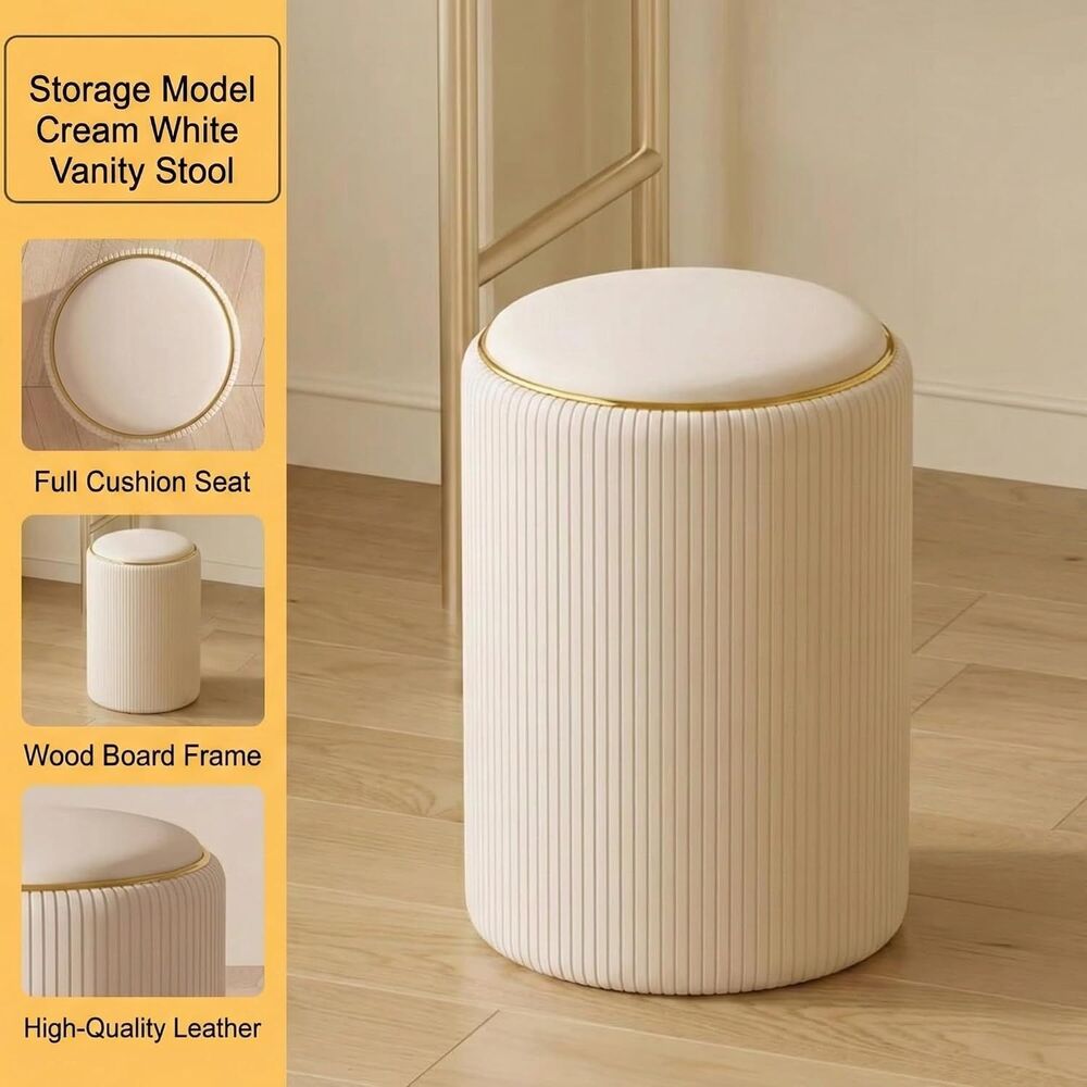 Vanity Stool with Storage, Faux Leather Ottoman, Cushioned Seat, Off-White